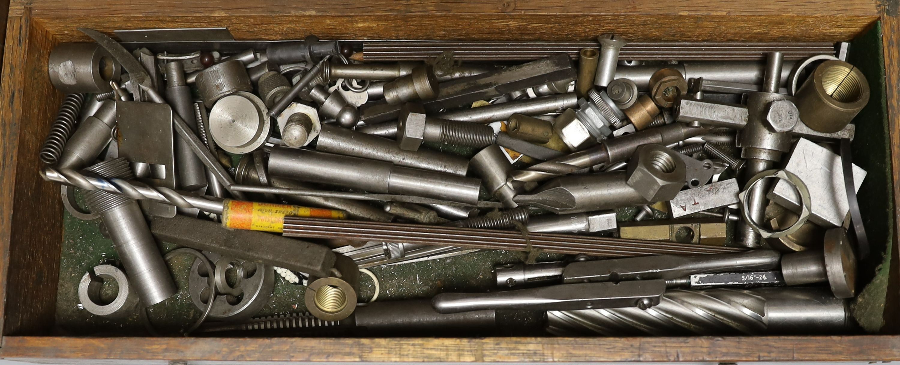 An oak cased collection of precision engineering tools - 36cm tall